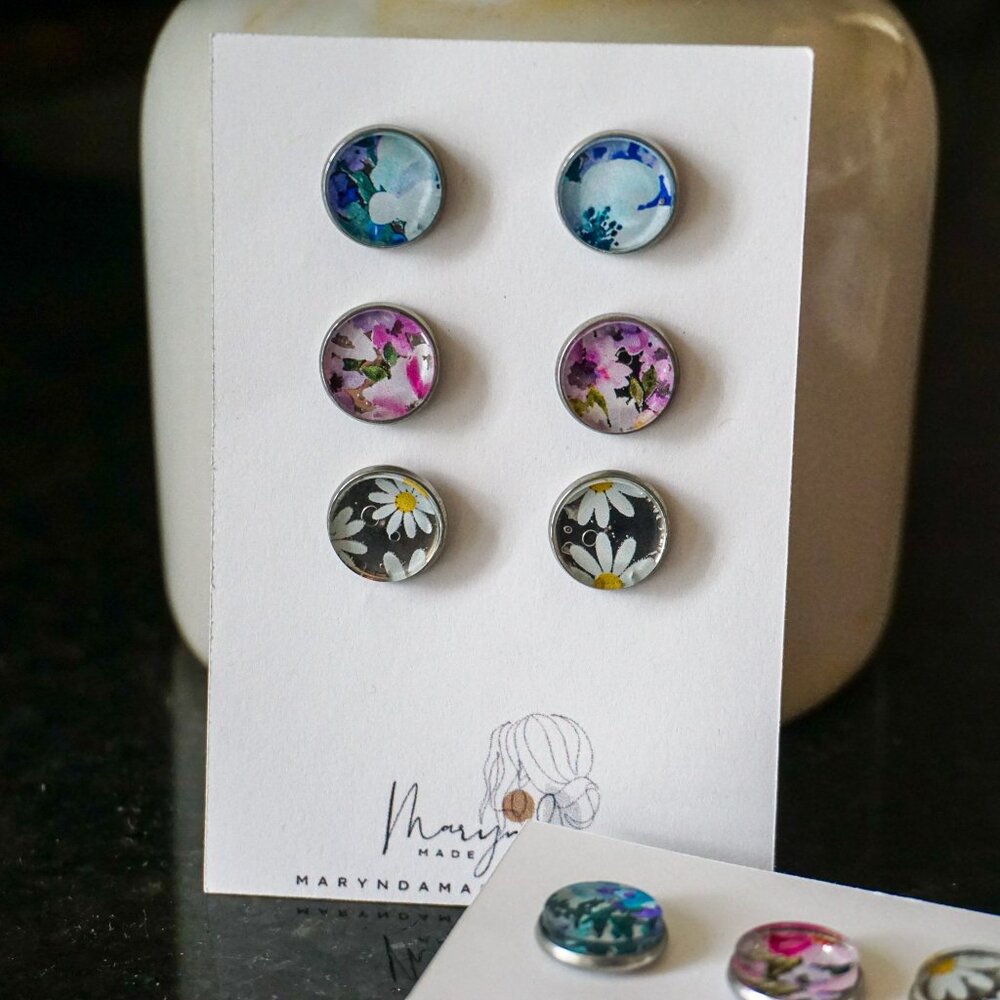 Floral Stud Earrings – 3 Pair Surprise Set – Garden-Inspired Glass Studs dainty